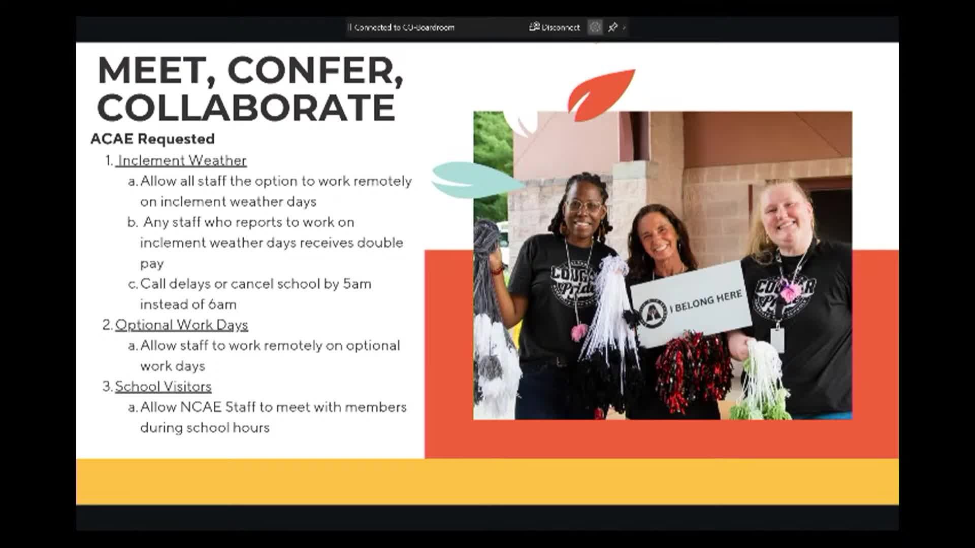 Superintendent outlines Meet-Conferr-Collaborate outcomes: remote work on inclement days, hazard pay options for essential staff, and limits on association on‑d