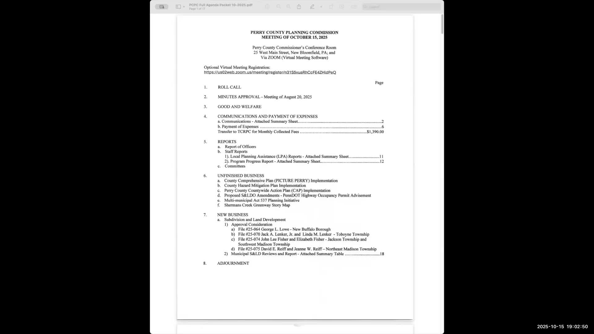 Perry County Planning Commission grants multiple waivers and approves land-development plans, contingent DEP sign-off