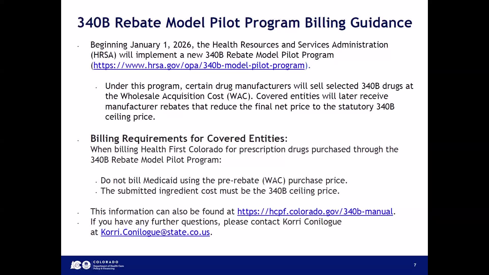 HCPF explains billing for HRSA’s 340B rebate‑model pilot: bill post‑rebate ceiling price