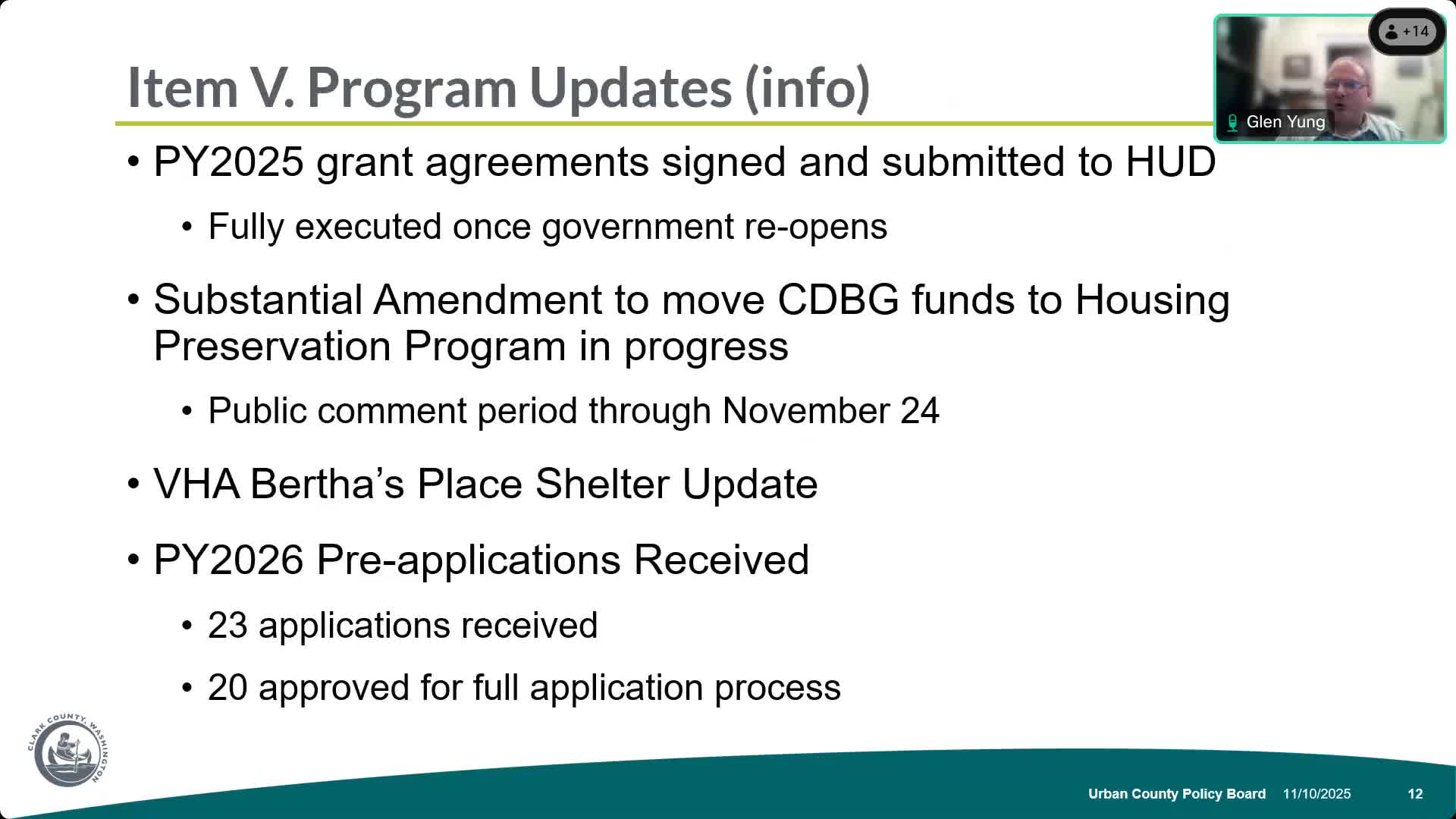 County staff updates CDBG/HOME grant status, RFA cycle and project reports