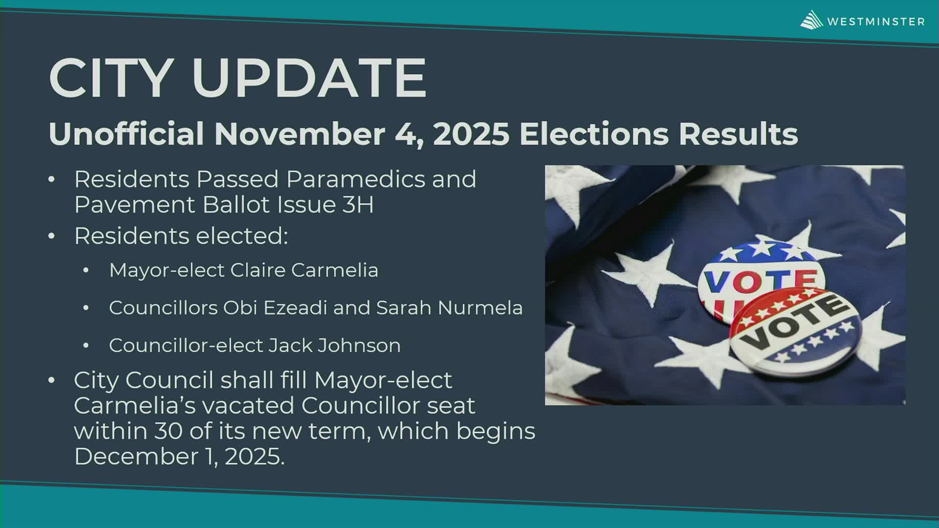 Westminster council approves emergency ordinance to enact voter-approved 3H sales tax; vote 6–1