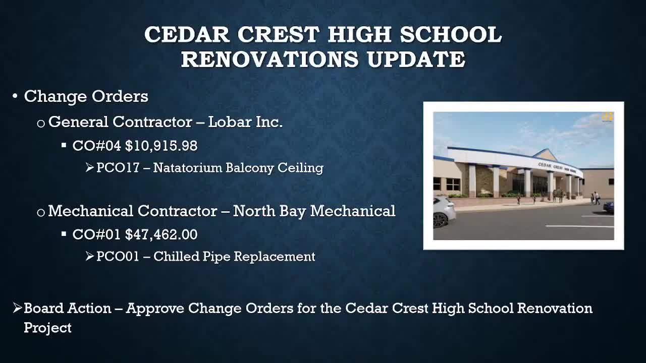 District details high‑school renovation phases, change orders and Cornwall Elementary traffic fix