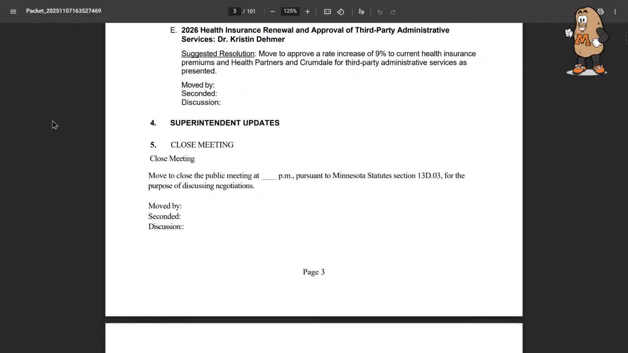 Board approves 9% aggregate increase to employee health premiums; stops loss/pharmacy TPA changes approved