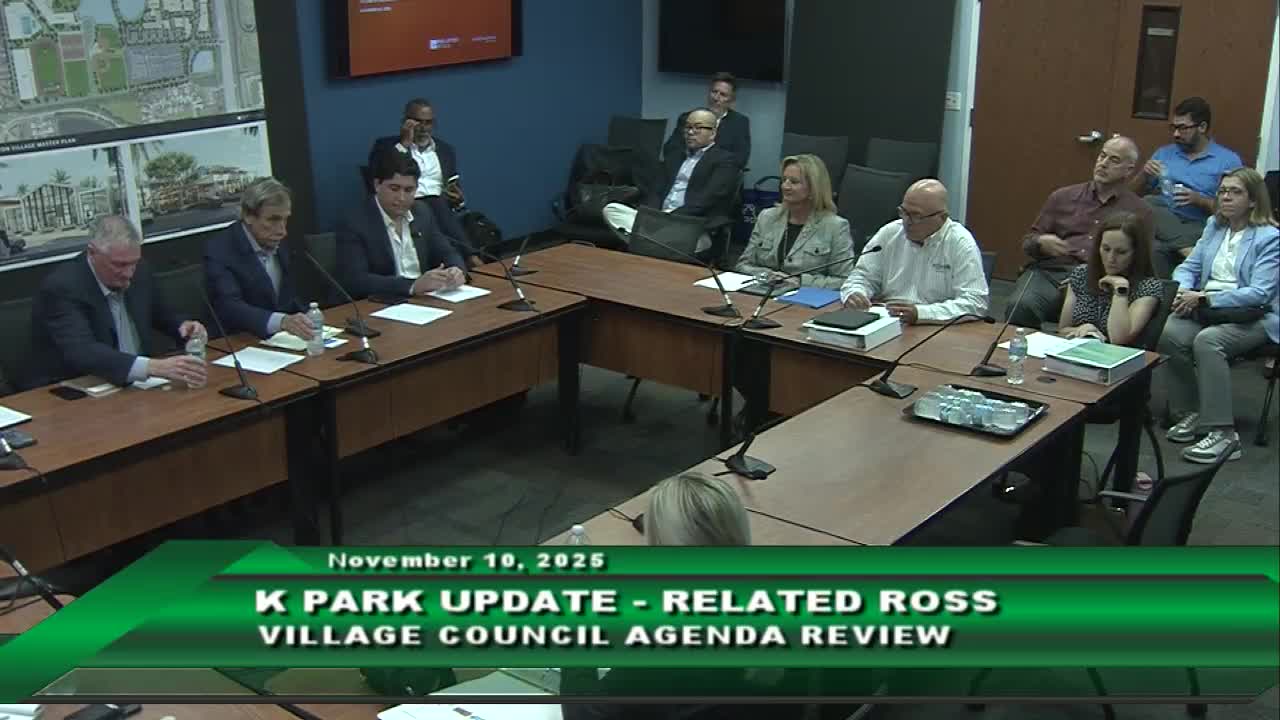 Developer outlines K‑Park mixed‑use 'downtown' plan; village to review infrastructure and timing