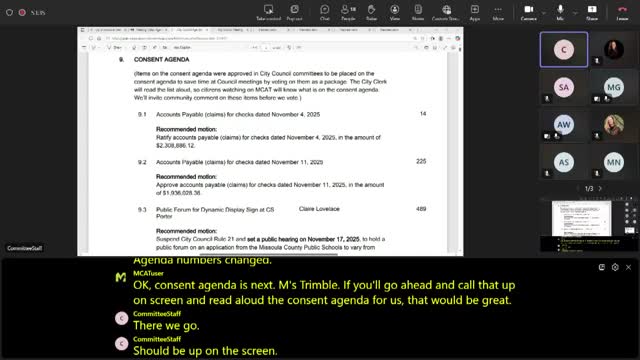 Missoula council approves consent agenda; two accounts-payable batches passed and hearings set for Nov. 17