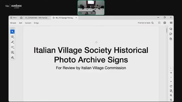 Commission hears proposal for six Italian Village interpretive signs; staff advises DPS coordination and size revisions