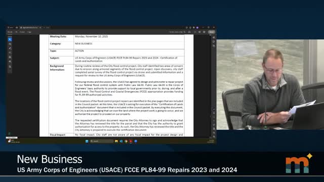 Council authorizes U.S. Army Corps access for riverbank repairs expected to be federally funded under Public Law 84-99