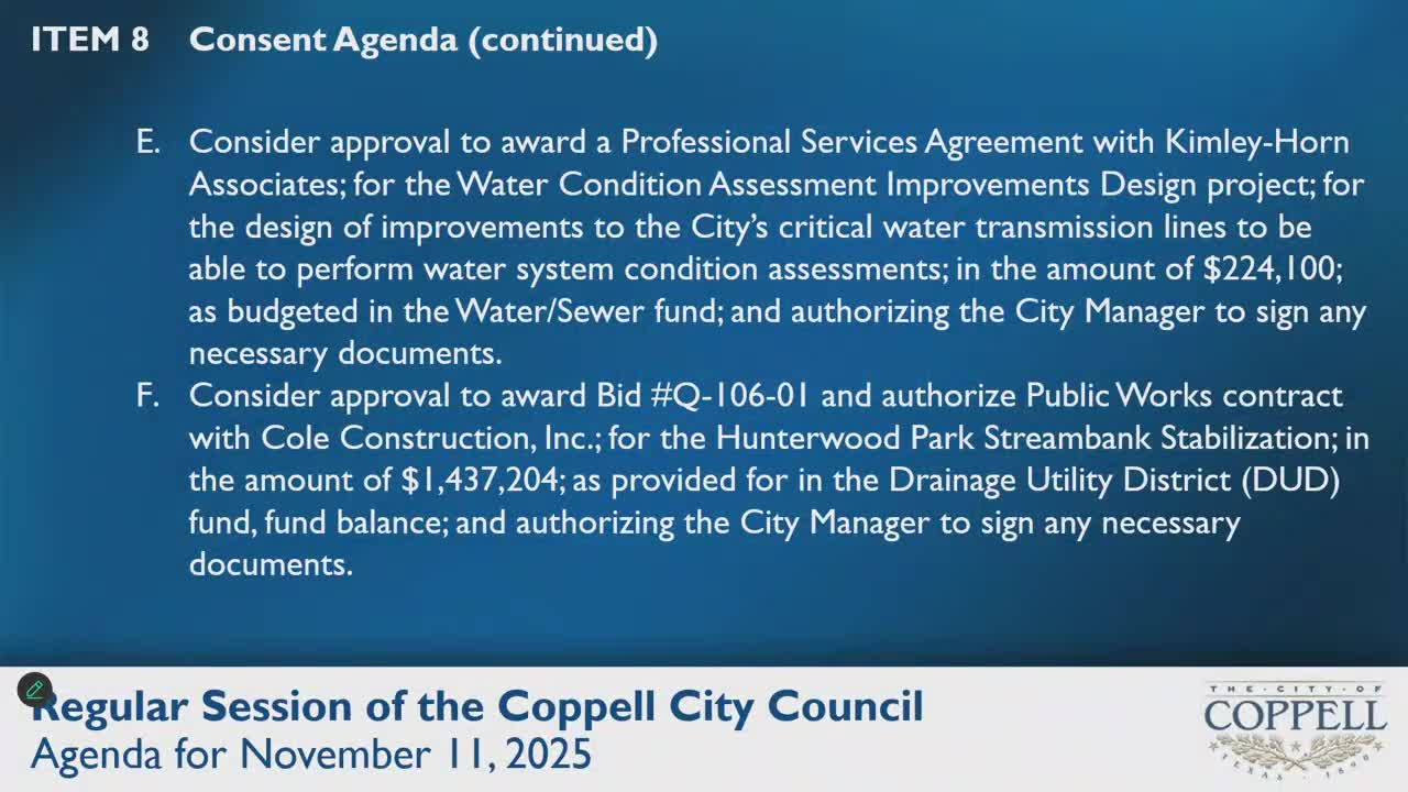 Coppell council unanimously approves consent agenda, including design work for water‑pipe inspection and related construction contracts
