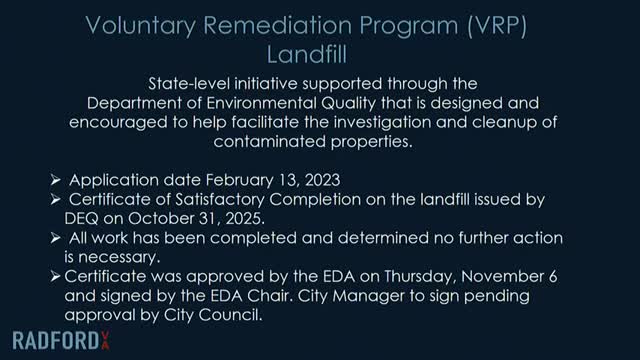 Radford reports 11,647 tons removed from Foundry site; DEQ issues remediation certificate and UECA to be recorded