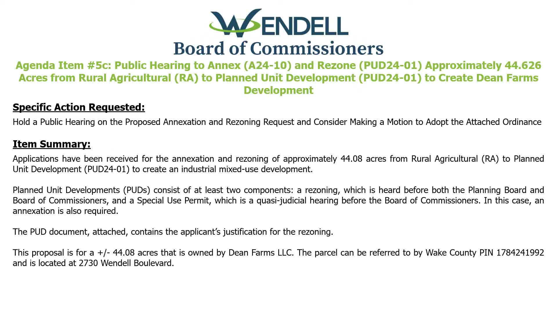 Wendell board tables Dean Farms PUD amid concerns over condemnation clause and '80% absorption' trigger