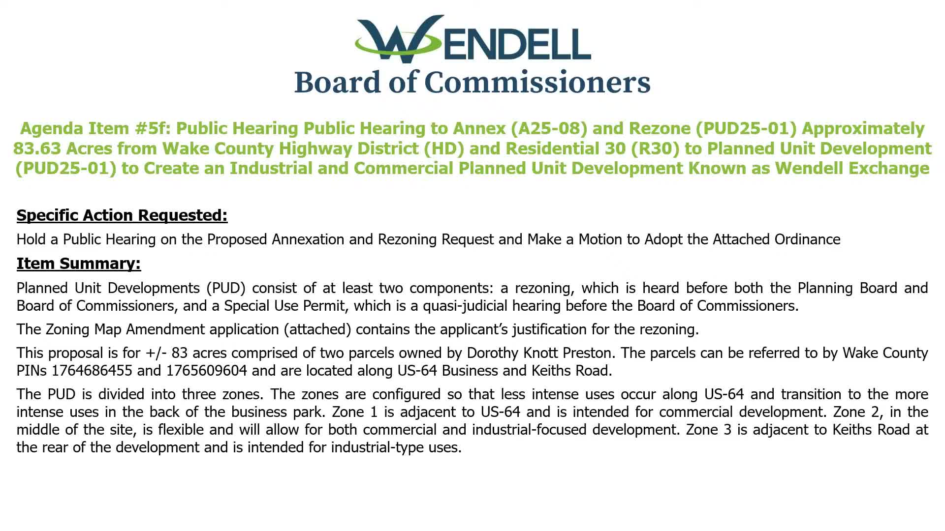 Wendell Exchange PUD rezoning and special-use permit approved to create industrial/commercial innovation district