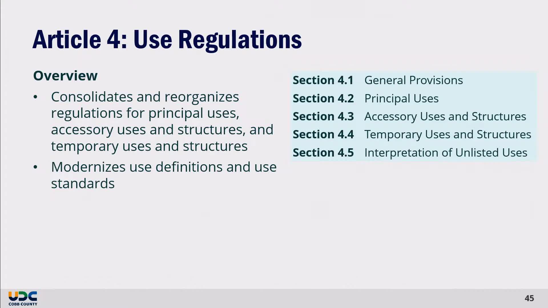 Draft UDC consolidates use tables, removes 25% home‑occupation interior cap and adds limited administrative variance