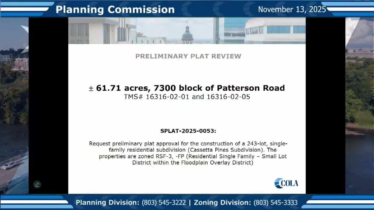Commission approves 243‑lot Patterson Road preliminary plat with DOT traffic mitigations