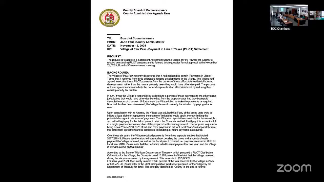 County to accept Village of Paw Paw settlement over missed PILOT distributions