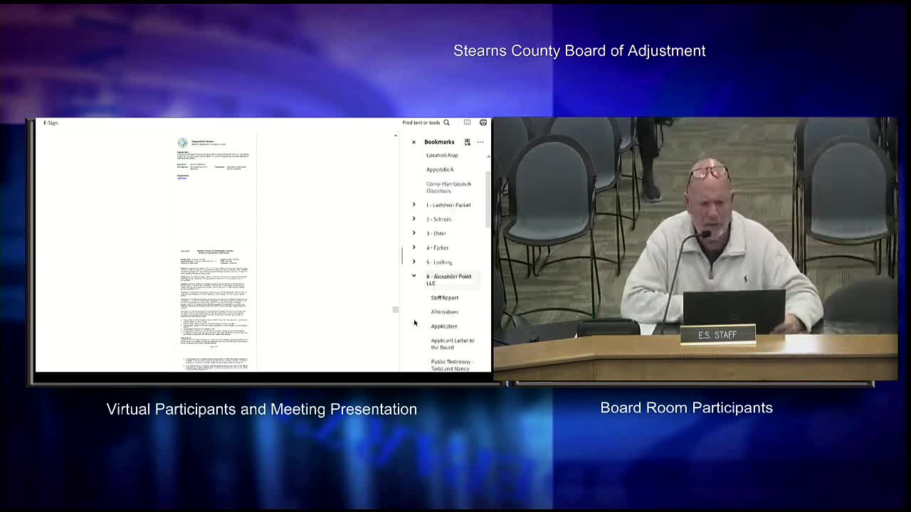 Stearns County Board of Adjustment denies multiple shoreland and bluff variances, approves one garage setback