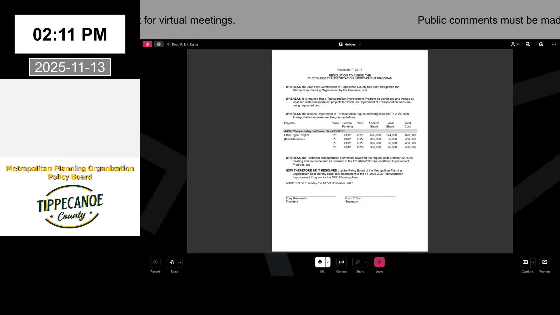 APC staff briefs board on MPO bylaw updates and INDOT 18-month letting list, including Tippecanoe County projects