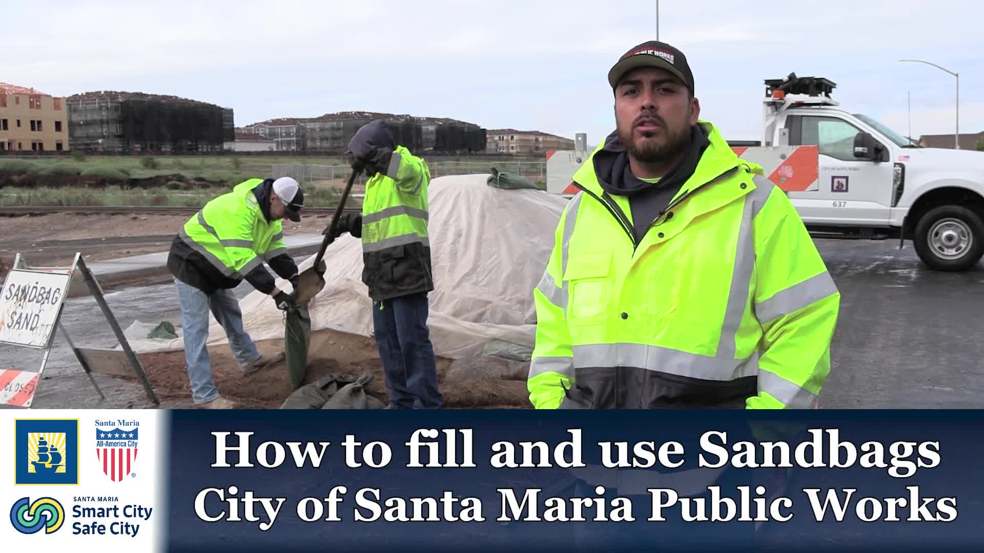 Santa Maria Public Works demonstrates sandbag filling; sand available at four city sites