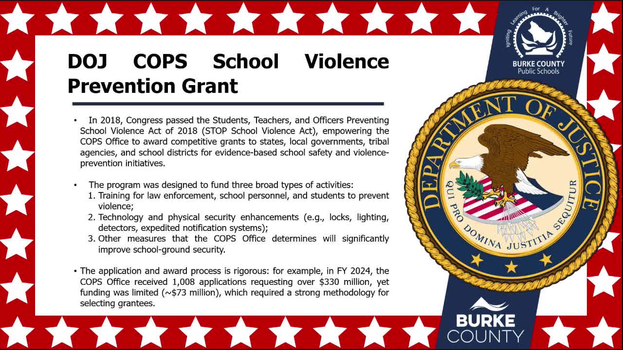 Burke County approves COPS grant budget amendment to fund school‑safety equipment and field lighting