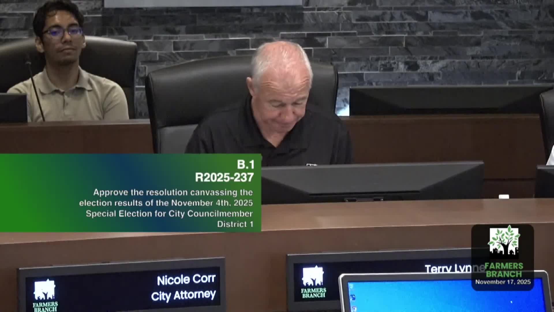 City of Farmers Branch approves resolution canvassing District 1 special election results