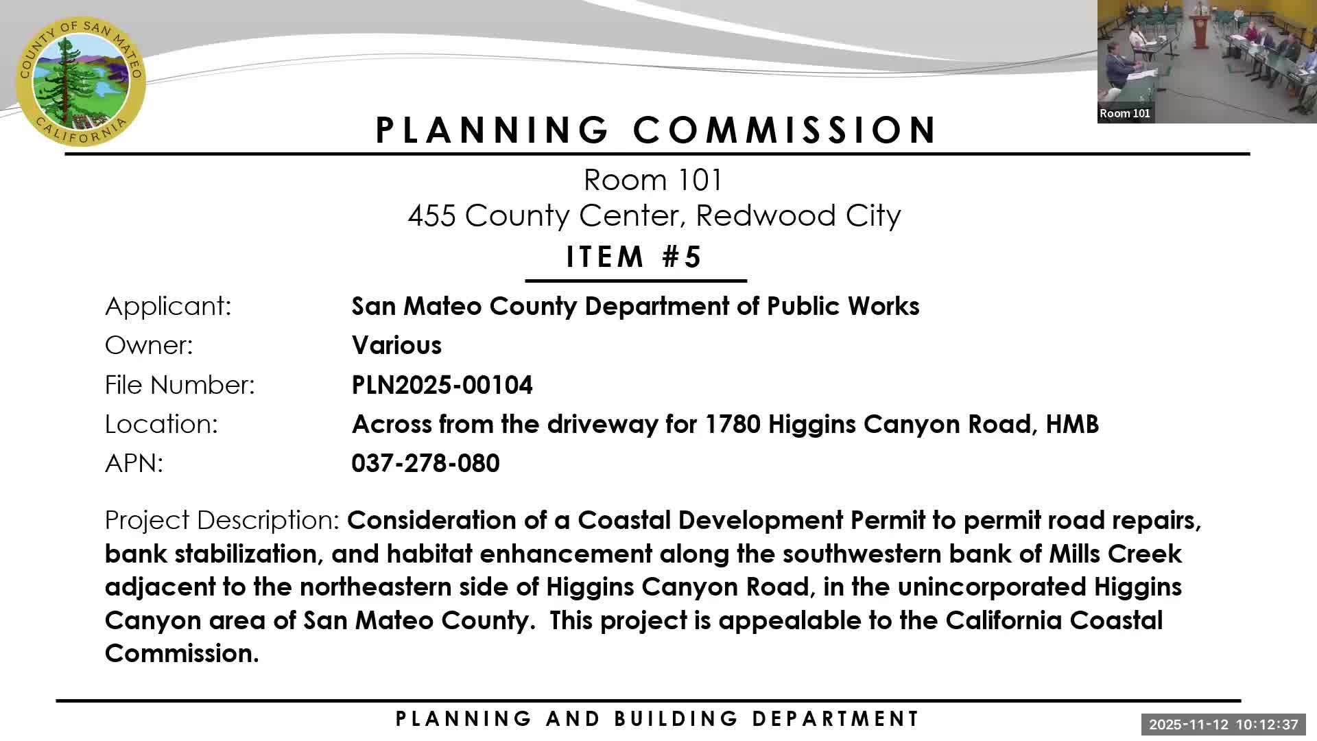 Commission approves Mills Creek bank‑stabilization and road repair project along Higgins Canyon Road