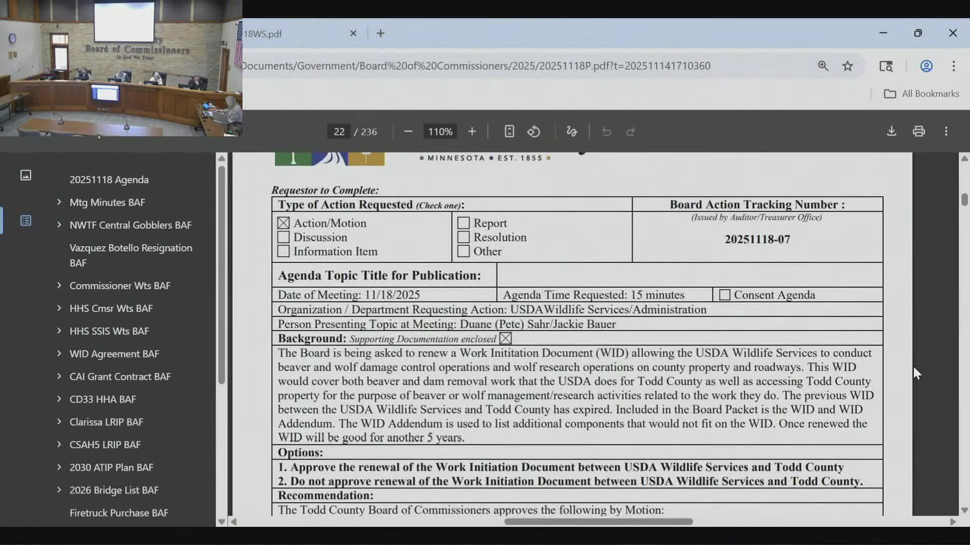 Todd County commissioners authorize signing of USDA wildlife work initiation document