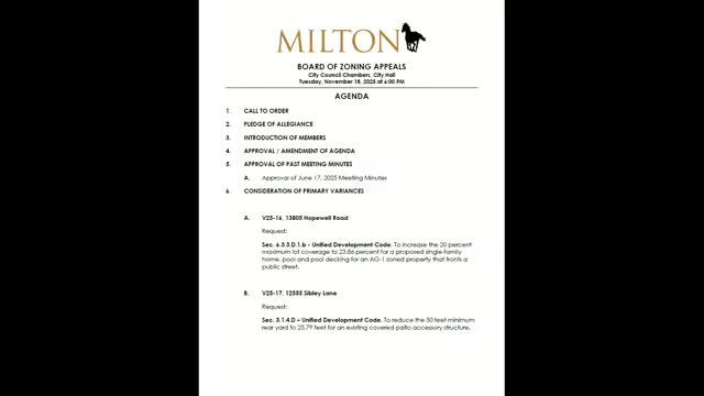 Milton board approves slight lot‑coverage increase at Hopewell Road with stormwater conditions