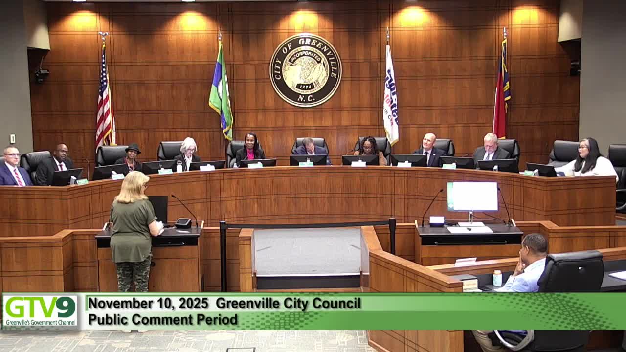 Resident tells council a handgun was stolen at Greenville gun show; asks for mandated security