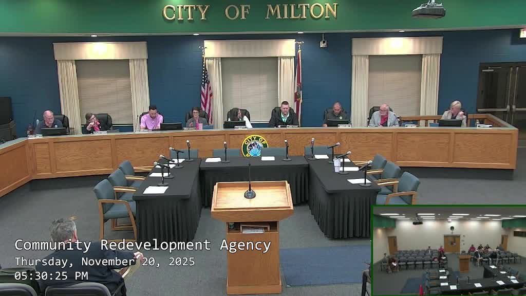 Milton CRA approves Oct. 23 minutes; revenue report motion moved and seconded; Phase 1 declarations update reported