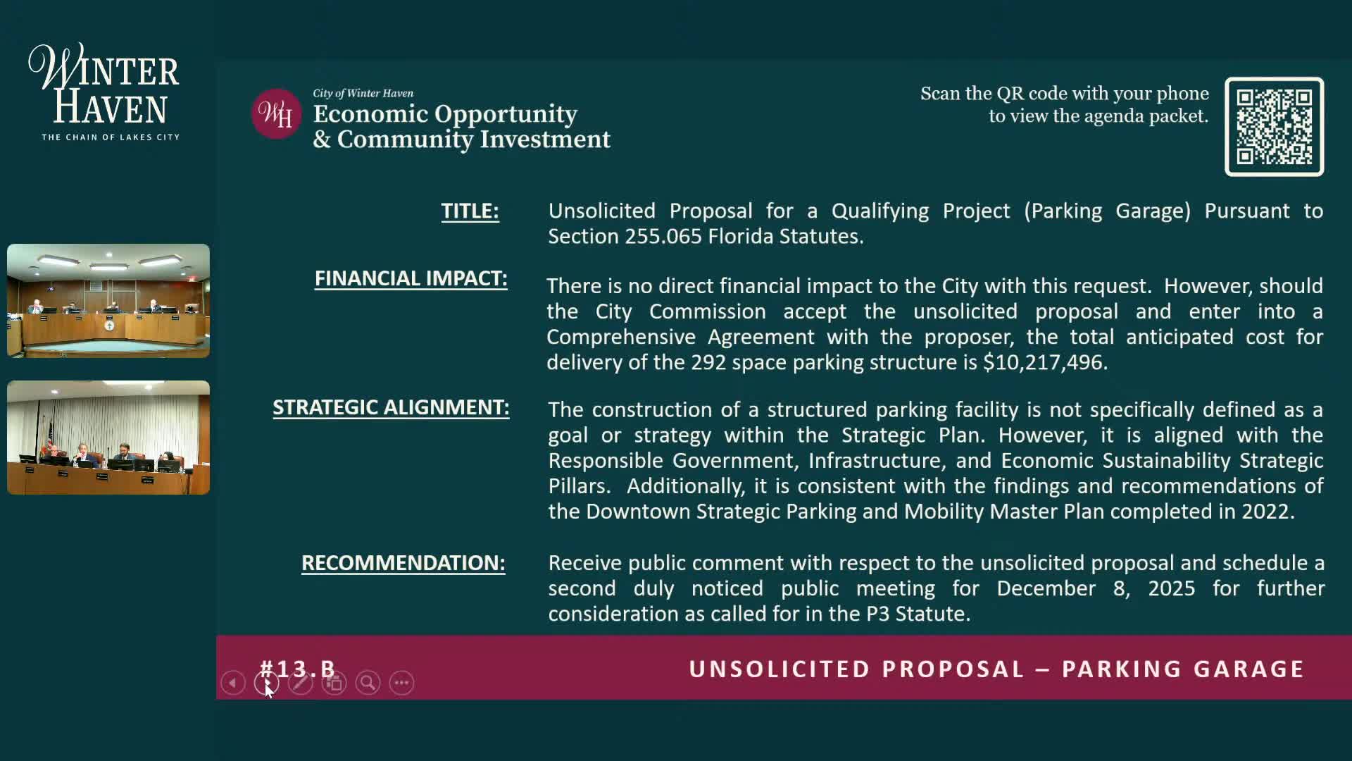Developer presents unsolicited 292‑space downtown parking garage; Walker review says cost within market, public raises access and pace concerns