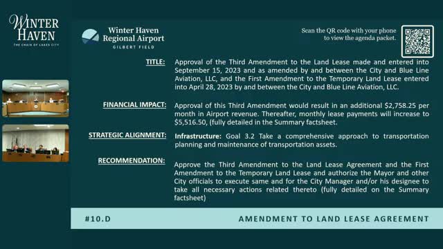 City reviews third amendment to BlueLine Aviation airport lease with construction milestones and stepped rent
