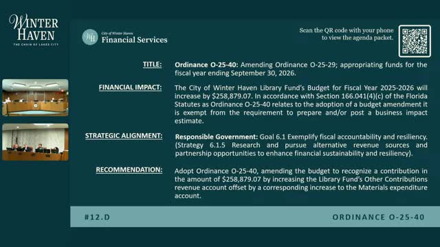 City to amend budget to record $258,879.07 bequest to Winter Haven Public Library