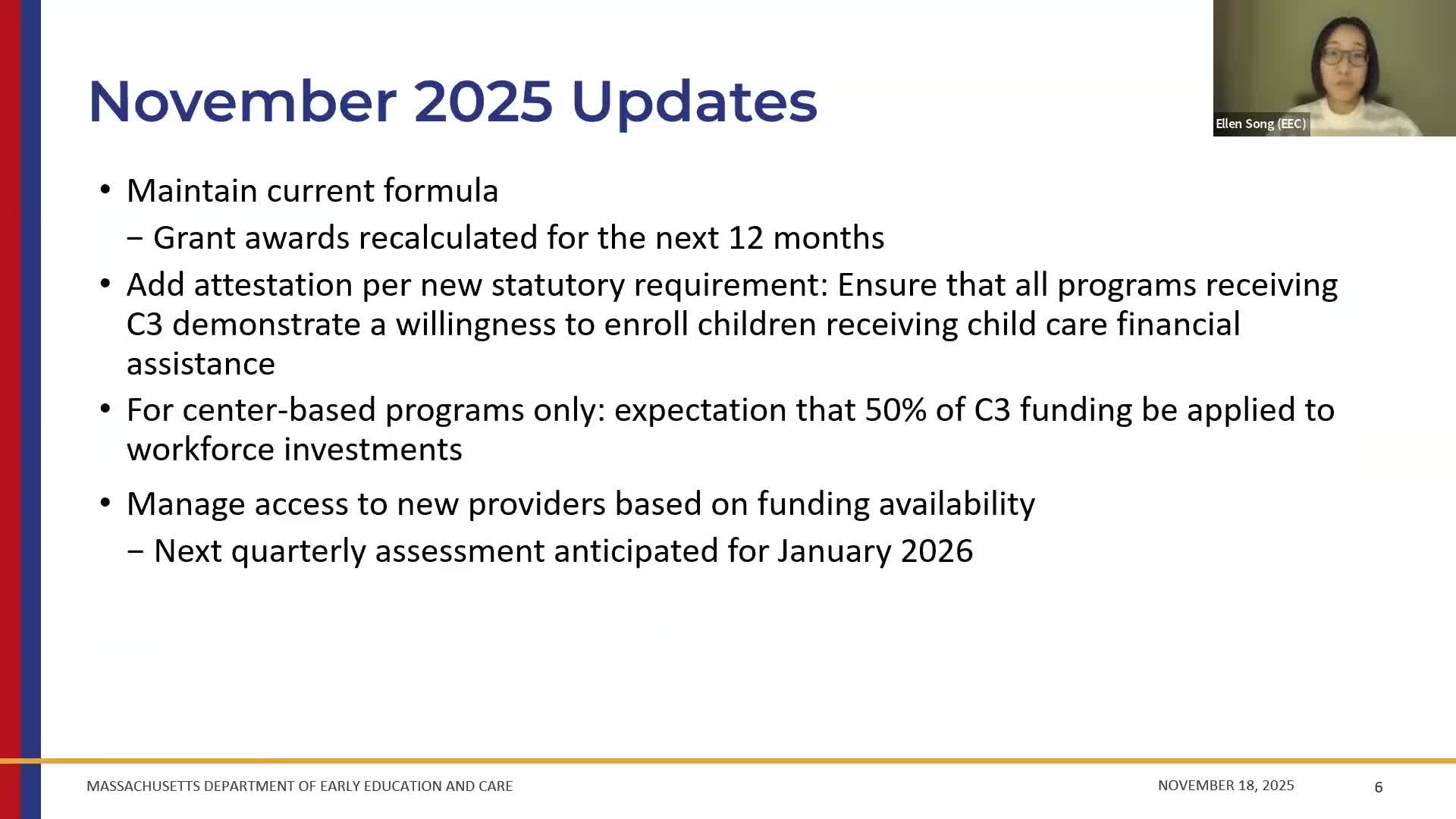 EEC to require C3 recipients to attest willingness to accept child-care vouchers; center-based programs must allocate 50% of C3 to workforce