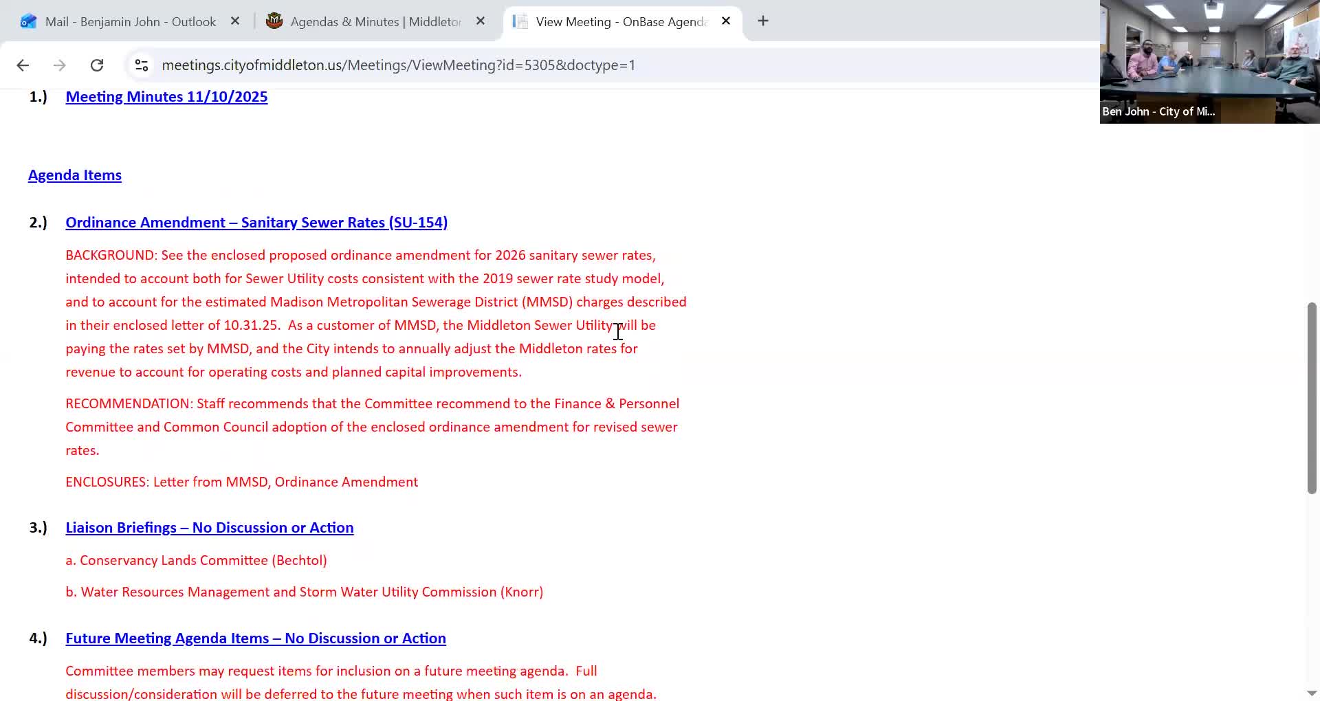 Middleton committee recommends ordinance amendment to align sewer charges with MMSD�s 2026 rates