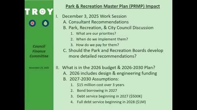 City reserves $1M design placeholder for park-and-rec master plan; baseball fields and phased implementation highlighted