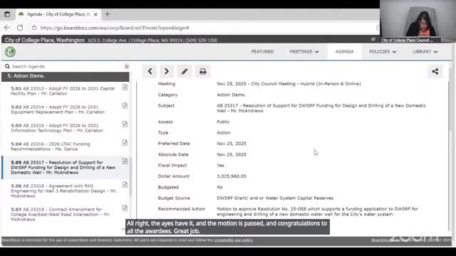 Council backs funding application for new well, authorizes design contracts for well rehab and roundabout