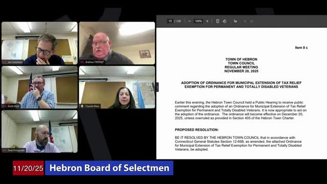 Hebron adopts ordinance extending municipal tax relief for permanently and totally disabled veterans