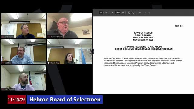 Planner outlines proposed updates to Hebron's Economic Development Incentive Program to match state statute; council requests follow-up