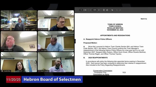 Hebron council reappoints five police officers, dozens of volunteers to boards and adopts routine calendar items