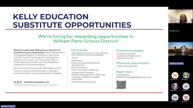 William Penn SD urges substitute recruits and volunteer interview panel sign-ups; next personnel meeting set for Jan. 28