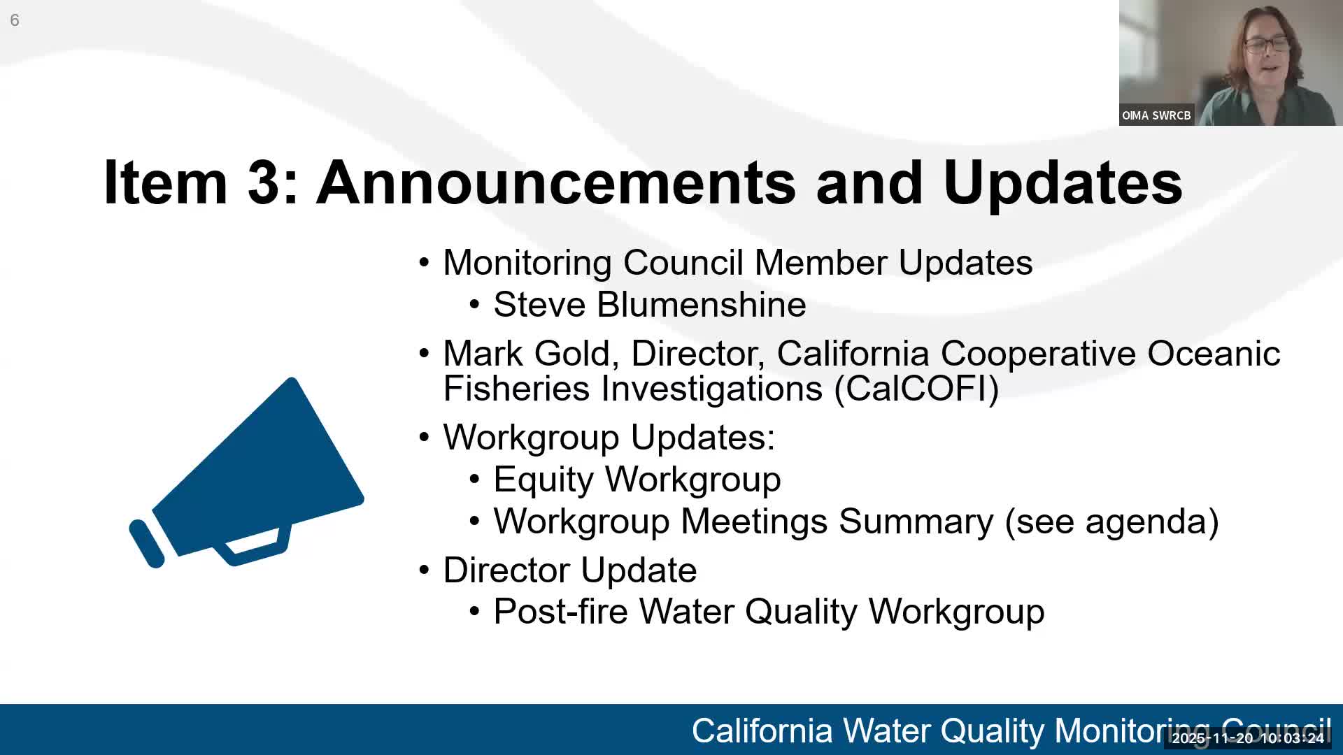 Monitoring Council updates: equity work group, meeting dates, and next agenda items