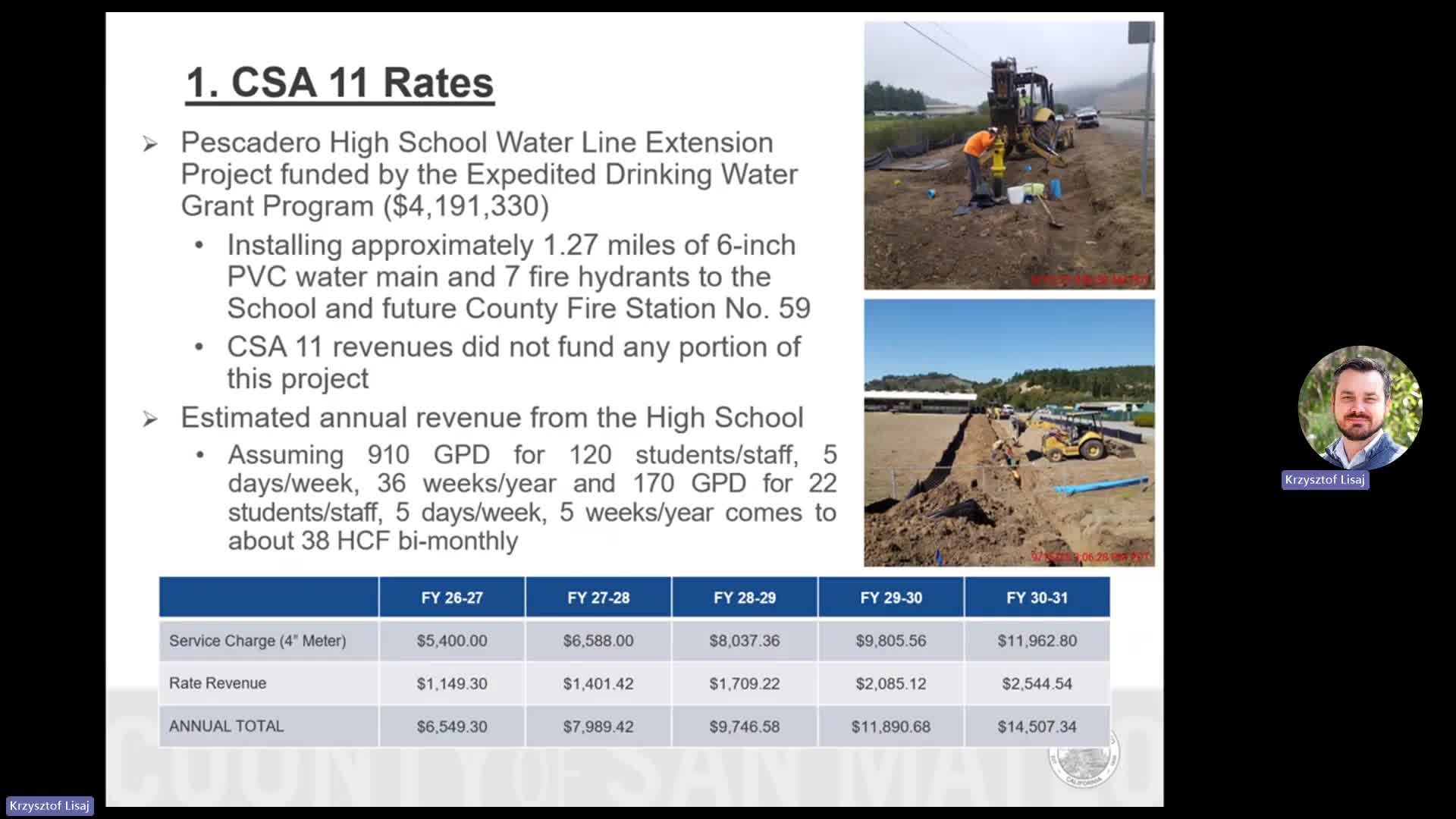 San Mateo County proposes five‑year, tiered rate increases for Pescadero’s CSA 11 to shore up finances