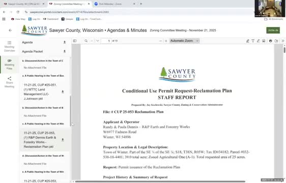 Sawyer County zoning committee approves rezone, reclamation plan, final plat and forwards citation‑fee updates