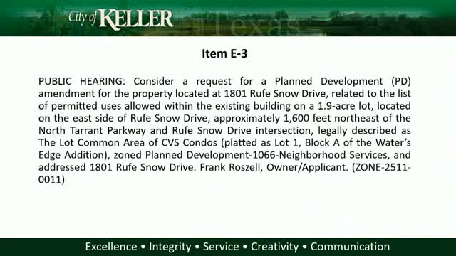 Keller P&Z recommends council deny plan-development amendment to allow spas and minor ERs by right at 1801 Roos Snow Drive