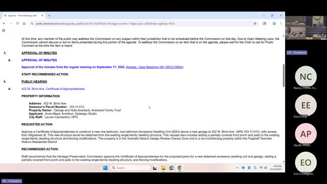 Heritage commission approves porch but asks redesign for 402 W. Birch ADU; ADU decision continued