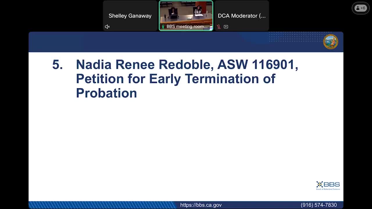 Petitioner details 16-year sobriety and community service as Board of Behavioral Sciences hears early‑probation termination request