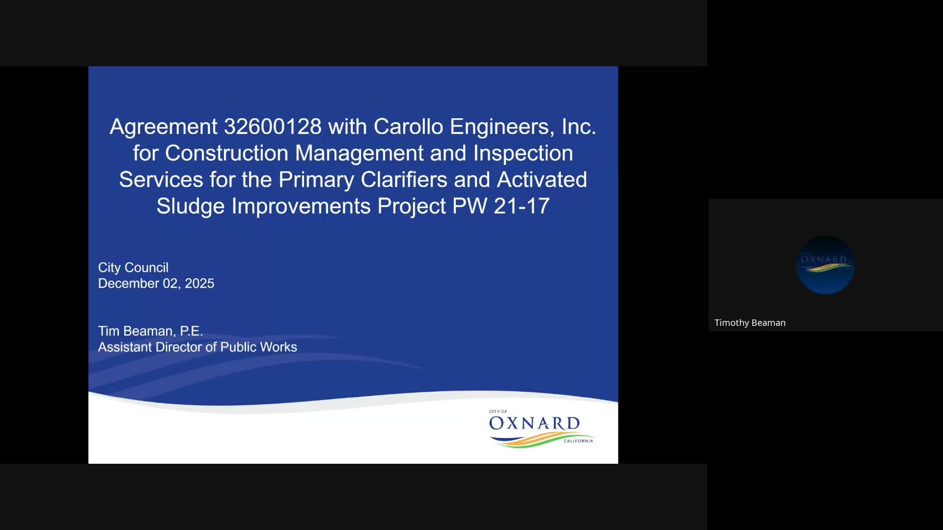 Oxnard presentation recommends $3.78 million contract with Corolla Engineers for wastewater upgrades