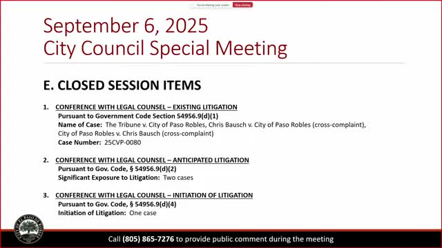 Paso Robles council holds closed-session briefings on multiple legal matters; no reportable action