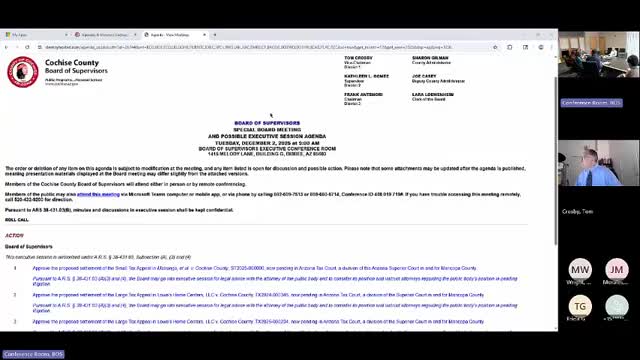 Cochise County supervisors approve three tax-appeal settlements after executive session