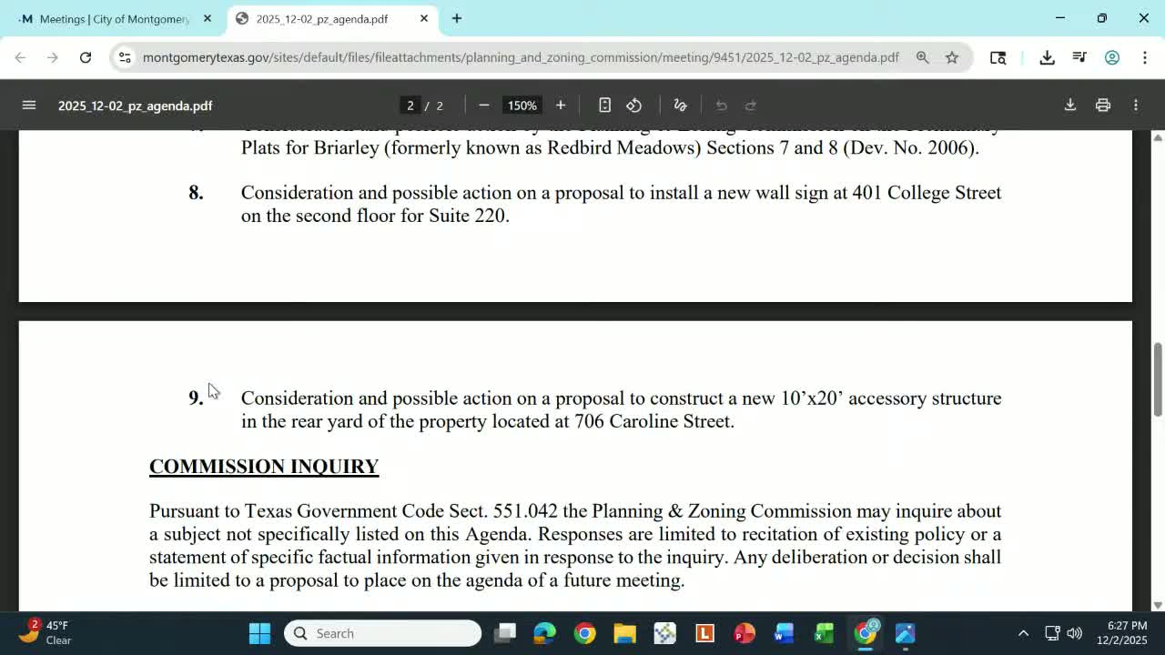 Commission approves 10x20 accessory structure at 706 Caroline Street after neighbor questions; vote 2–1