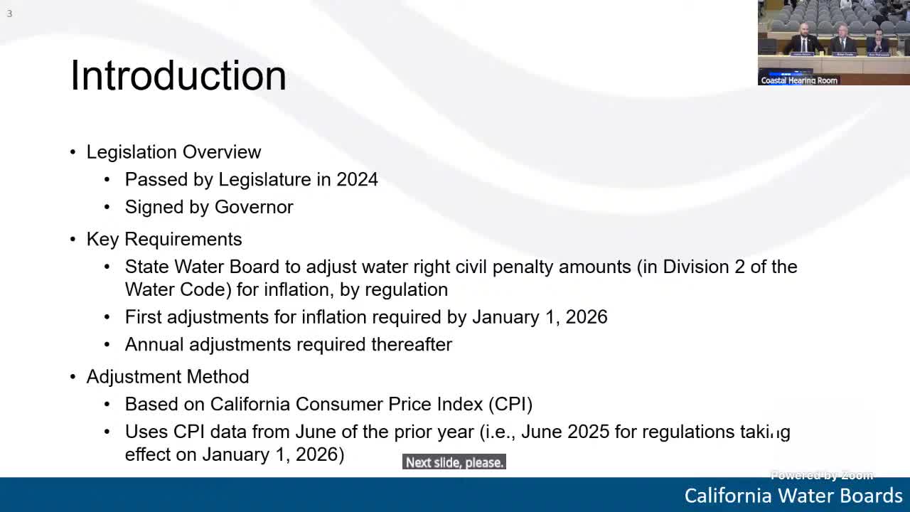 Board adopts AB 460 inflation adjustments for water‑rights civil penalties